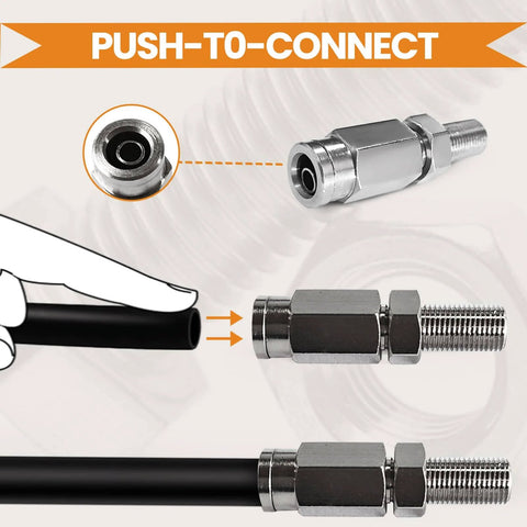 Close-up image showing Two Pack Brass Schrader Air Valve With Push To Connect For 1/4 Inch Air Line Tubing, Inflation And Deflation For Air Suspension Bags, Heavy Duty Truck Fittings For Semi Trucks, DOT Approved in use.