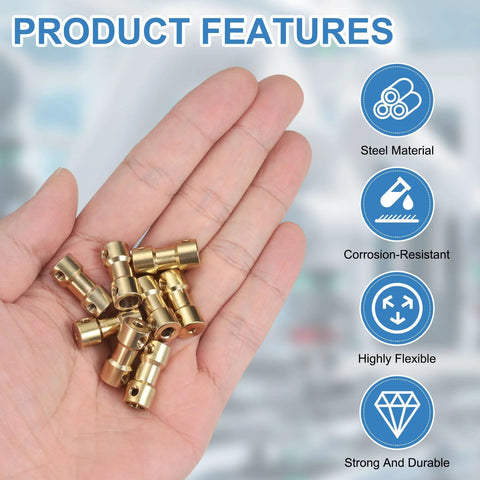 Hand holding durable brass shaft coupling 2mm to 5mm for RC models and robotics, four pack with M3 screws, rust and wear resistant.