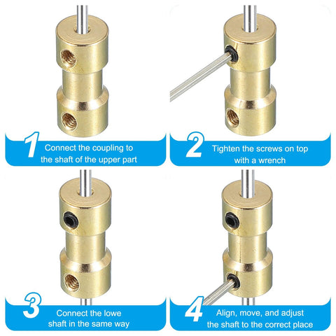 Durable brass shaft coupling 2mm to 5mm for RC models and robotics installation guide with M3 screws in four steps.