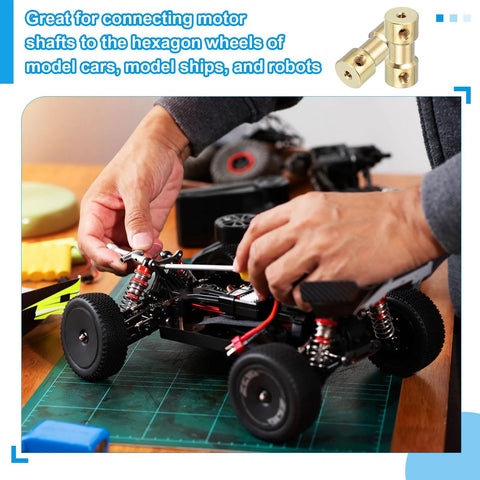 Durable brass shaft coupling 2mm to 5mm for RC models and robotics installed in a model car, four pack with M3 screws visible.