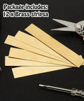 12 Pieces Brass Shim Stock Assortment 1 Inch Wide 6 Inch Long Brass Shims With Thicknesses 0.002 in 0.004 in 0.006 in 0.008 in 0.012 in 0.016 in For Mechanical Assembly And DIY Projects displayed with tools