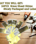 Brass Shim Stock Assortment 24 Piece Metal Shim Set For Leveling And Gap Filling In Machining DIY And Industrial Projects, labeled shims on table