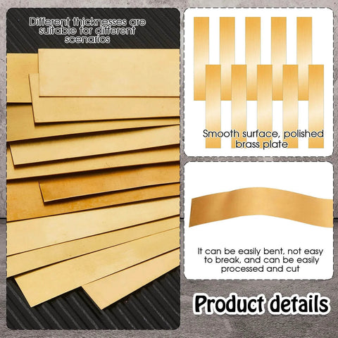 12 Pieces Brass Shim Stock Assortment 1 Inch Wide 6 Inch Long Brass Shims With Thicknesses 0.002 in 0.004 in 0.006 in displayed
