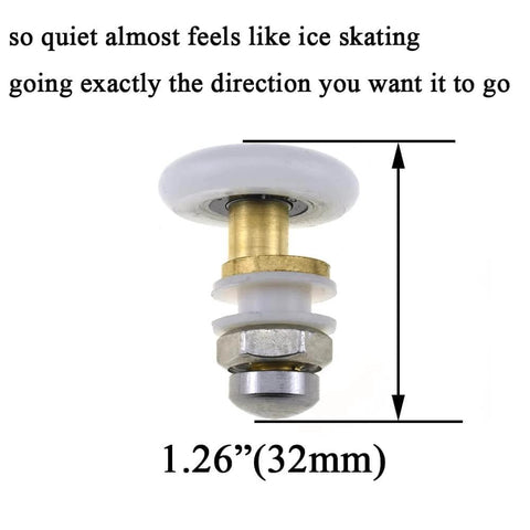 32mm brass shower door wheel with nylon roller and stainless steel components, showing measurement and smooth rolling capability