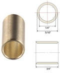 Diagram and perspective view of five piece sleeve bearings with one quarter inch bore and five sixteenth inch outer diameter, cast brass.