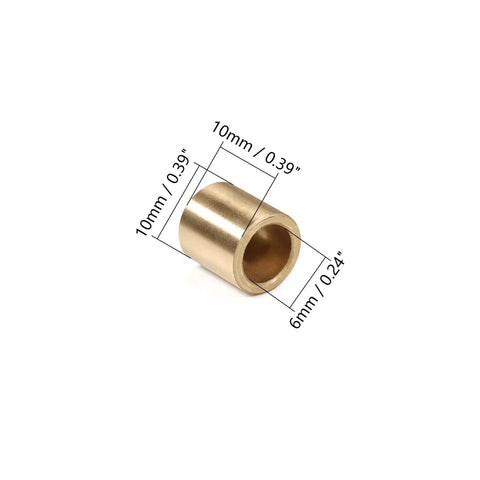 Single brass sleeve bearing with size measurements highlighted, part of a Ten Pack Brass Sleeve Bearings With One Quarter Inch Bore Two Fifths Inch Outer Diameter And Two Fifths Inch Length Self Lubricating Oilless Bushing For Plain Shaft Applications With High Wear Resistance And Corrosion Protection.