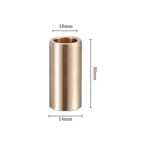 Oilless Brass Sleeve Bearing 10mm X 14mm X 30mm for equipment and machinery use, gold tone, showing dimensions and cylindrical design.