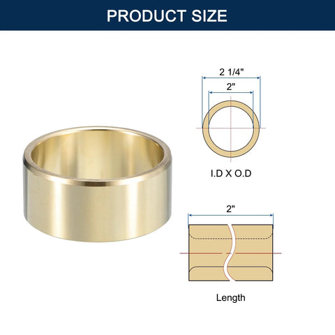 Diagram and dimensions of Brass Sleeve Bearing Two Inch Bore Two And One Quarter Inch Outer Diameter Two Inch Length Self Lubricating Cast Brass Bushing.