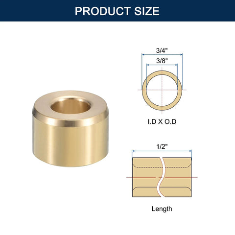 Diagram and image of Brass Sleeve Bearing 3/8 Inch Bore 3/4 Inch Outer Diameter 1/2 Inch Length Self Lubricating Bushing for shafts.