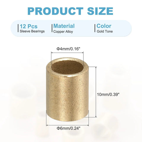 Self-Lubricating Cast Brass Sleeve Bearings With 4mm Bore 6mm OD And 10mm Length Pack Of 12 Gold Tone Bushing product size diagram