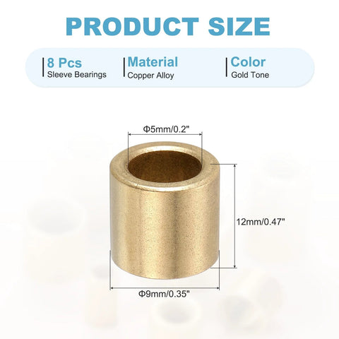 Self Lubricating Brass Sleeve Bearings 5mm Bore 9mm OD 12mm Length Pack of 8, copper alloy, gold tone dimensions shown