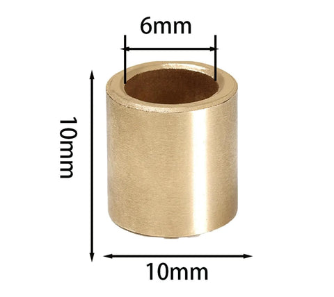 Set Of 10 Oilless Brass Sleeve Bearings Self Lubricating Bushing One Quarter Inch Bore 6mm Outer Diameter 10mm Length For Smooth Low Friction Operation High Wear Resistance Durable Hardware Component, showing single sleeve with dimensions.