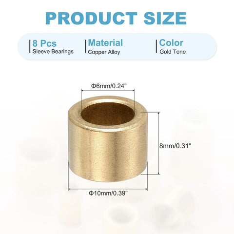 Self Lubricating Brass Sleeve Bearings 6mm Bore 10mm OD 8mm Length Pack Of 8 Gold Tone dimensions