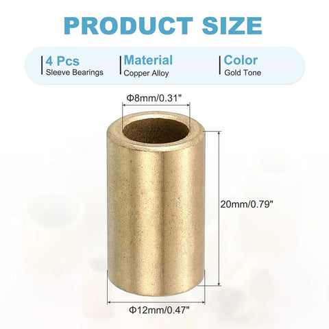 Self Lubricating Cast Brass Sleeve Bearings 8mm Bore x 12mm OD x 20mm Length Pack Of 4, gold tone, for machinery use, product size chart