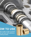 Self-Lubricating Cast Brass Sleeve Bearings 12mm Bore x 16mm OD x 10mm Length Pack of 4 shown next to machinery component