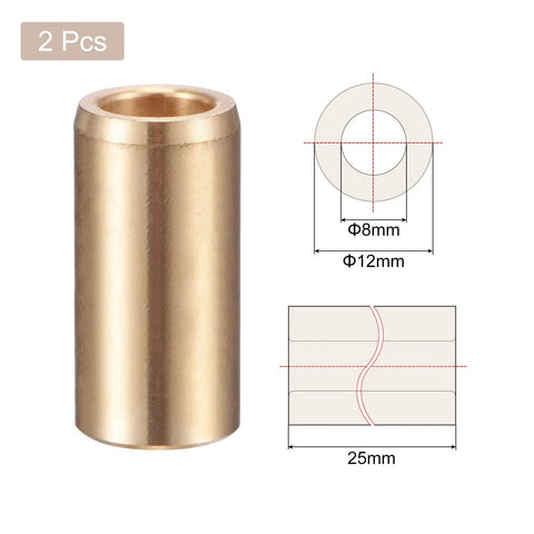 Self Lubricating Cast Brass Sleeve Bearings 8mm Bore 12mm OD 25mm Length 2 Pack Bushing with specifications diagram