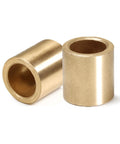 Two brass sleeve bearings from a ten pack with one quarter inch bore, two fifths inch outer diameter and length, self-lubricating oilless bushing.