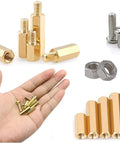 290 Piece M2.5 Hex Brass Spacer Standoff Kit With Screws And Nuts For Motherboard And Electronics Copper Yellow And Stainless Steel Assortment 12 Sizes Including 6 10 15 20 25mm Plus 6mm Extension displayed in hand.