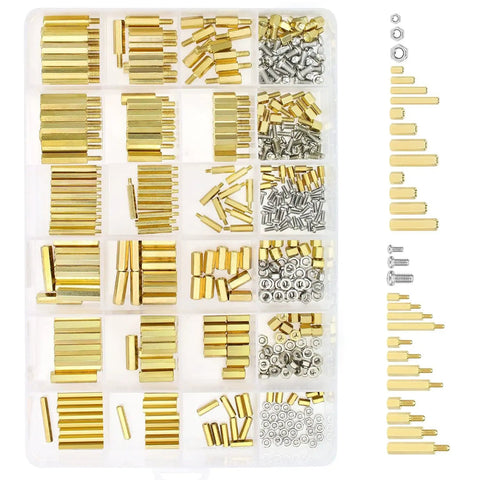 Brass M2 M2.5 M3 Spacers And Standoffs Kit With Screws Nuts And Tweezers 420 Pieces in a clear case for electronics projects.