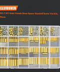 Brass M2 M2.5 M3 Spacers And Standoffs Kit With Screws Nuts And Tweezers 420 Pieces in clear storage box.