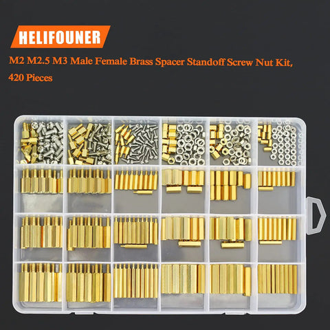 Brass M2 M2.5 M3 Spacers And Standoffs Kit With Screws Nuts And Tweezers 420 Pieces in clear storage box.