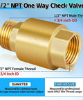 Two Piece Brass Inline Spring Check Valve With One Way Backflow Preventer NPT Half Inch Threads for Well Water Systems displayed front view