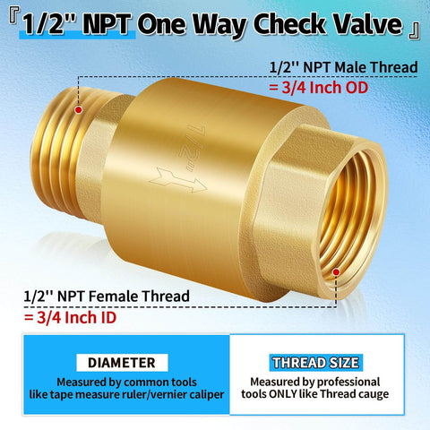 Two Piece Brass Inline Spring Check Valve With One Way Backflow Preventer NPT Half Inch Threads for Well Water Systems displayed front view