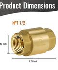Brass NPT 1/2 inch spring check valve with female threads, showing dimensions for water pumps, air compressors, plumbing applications.