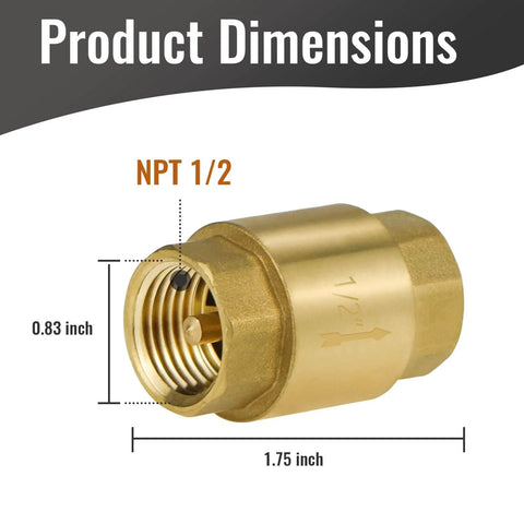 Brass NPT 1/2 inch spring check valve with female threads, showing dimensions for water pumps, air compressors, plumbing applications.