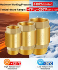 Two Piece Brass Inline Spring Check Valve With One Way Backflow Preventer NPT Half Inch Threads For Well Water Systems Pumps Tanks Vertical Or Horizontal Installation shown with temperature and pressure ratings