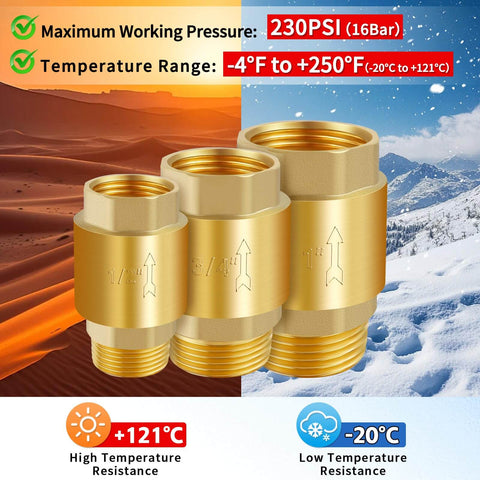 Two Piece Brass Inline Spring Check Valve With One Way Backflow Preventer NPT Half Inch Threads For Well Water Systems Pumps Tanks Vertical Or Horizontal Installation shown with temperature and pressure ratings