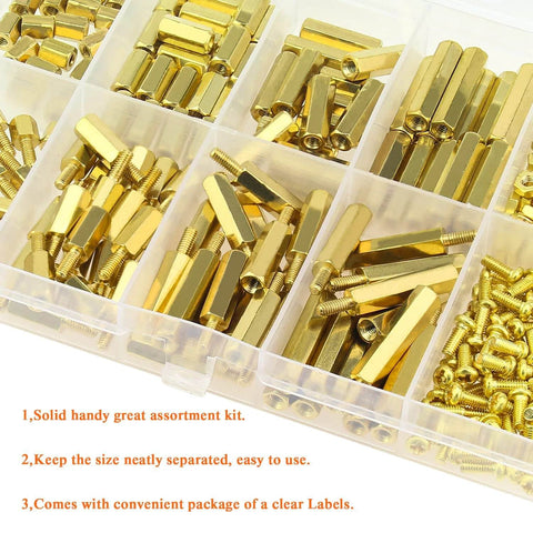 242 Pieces M2.5 Brass Spacers And Standoffs Assortment Kit with male and female hex spacers in organized case
