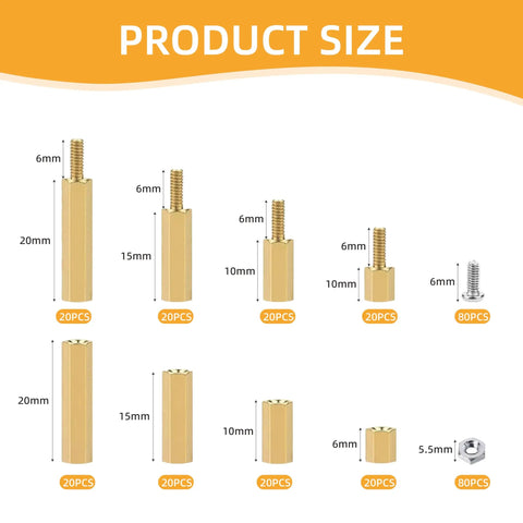Chart displaying sizes of brass components in 320 Pcs M3 Standoff Screws And Nuts Kit With Brass Female To Female Standoffs, 6 10 15 20mm