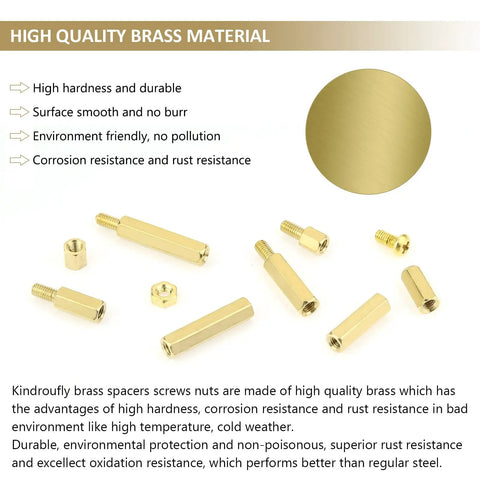 220 Piece M3 Brass Standoffs Kit With Screws And Nuts, display of hex spacers with durability features highlighted.