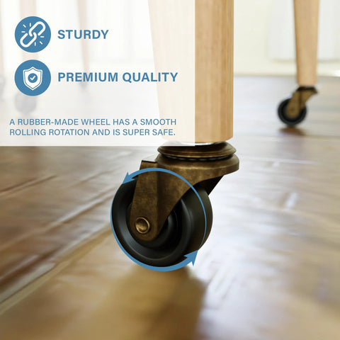 Close-up of brass stem caster with rubber wheel installed on furniture, highlighting safe use on hardwood floors.