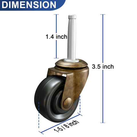Brass Stem Casters With Rubber Wheels One And Five Eighths Inch Replacement For Chairs Sofas And Dressers Set Of Four Safe for Hardwood Floors shown with dimensions