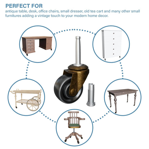 Brass Stem Casters With Rubber Wheels One And Five Eighths Inch Replacement For Chairs Sofas And Dressers Set Of Four Safe For Hardwood Floors Smooth Rolling Heavy Duty Construction Vintage Style Furniture Rollers with various furniture examples.