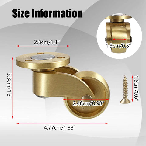Size diagram of 4PCS Universal Brass Stem Casters 1 Inch Furniture Caster Wheels with dimensions and screw shown.