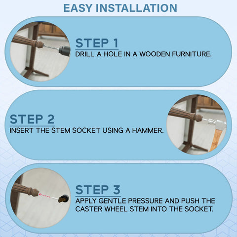 Installation guide for Brass Stem Casters With Rubber Wheels One And Five Eighths Inch for chairs, sofas, and dressers.