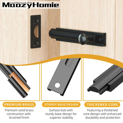 3 Inch Solid Brass Surface Bolt Beefy Built Heavy Duty Concealed Sliding Door Bolt Latch for French Doors Windows Cabinets Gates