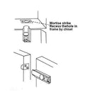 Diagram showing installation of Solid Brass Surface Bolt 4 Inch Antique Brass Brushed Finish Two Pack Made In Taiwan with chisel use.