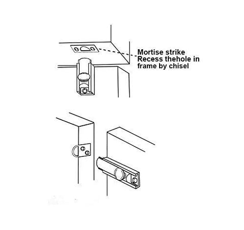Diagram showing installation of Solid Brass Surface Bolt 4 Inch Antique Brass Brushed Finish Two Pack Made In Taiwan with chisel use.