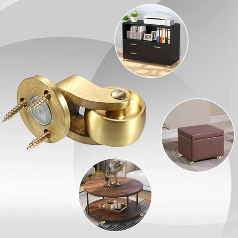 4PCS Universal Brass Stem Casters 1 Inch Furniture Caster Wheels Heavy Duty Swivel 360 Degree Solid Metal Casters displayed with furniture examples