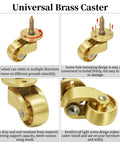 Universal Brass Caster Wheels 21mm 360 Degree Swivel Stem Casters Set Of 4 with 12 screws, showing details and features.
