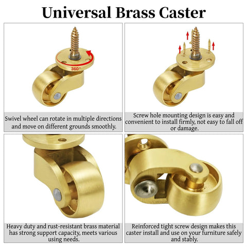 Universal Brass Caster Wheels 21mm 360 Degree Swivel Stem Casters Set Of 4 with 12 screws, showing details and features.