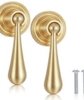 Two Pack Solid Brass Cabinet Knobs And Tear Drop Pendant Pulls In Brushed Gold Finish with screws shown, antique style hardware.