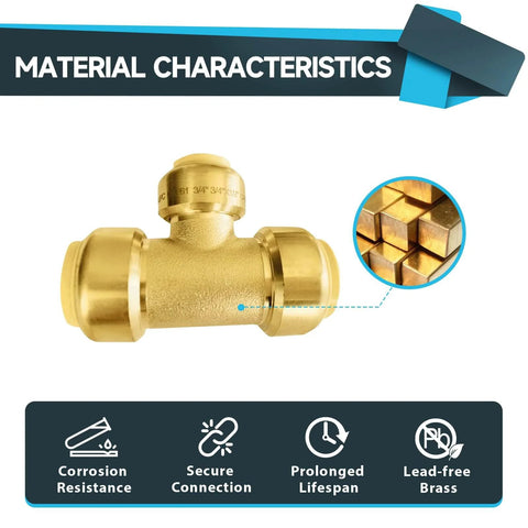 Pack Of 2 Push Fit Tee Brass Fittings Three Quarter Inch By Three Quarter Inch By One Half Inch For PEX Copper And CPVC Pipe Tubing