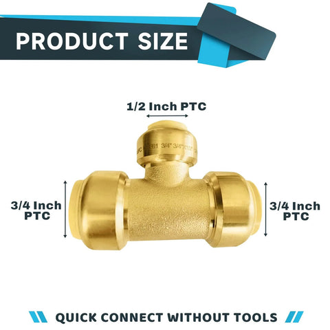 Pack Of 2 Push Fit Tee Brass Fittings Three Quarter Inch By Three Quarter Inch By One Half Inch For PEX Copper And CPVC Pipe Tubing With Disconnect Clip No Soldering Quick Install Leak Proof Lead Free CUPC Certified ANSI NSF 61