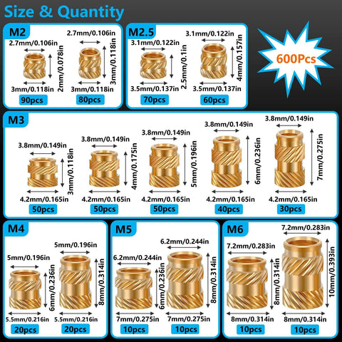 600+7Pcs M2 M2.5 M3 M4 M5 M6 Premium Brass Threaded Inserts, Metric Brass Knurled Nuts Assortment Kit displayed with quantities
