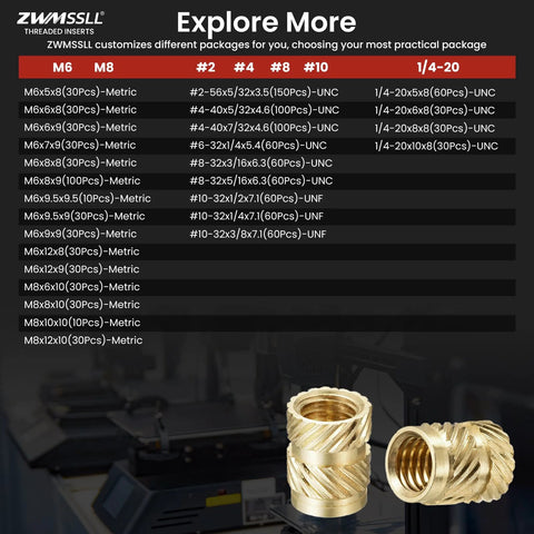 Brass knurled heat-set threaded inserts with size chart in background, suitable for 3D printing components and thermoplastics.